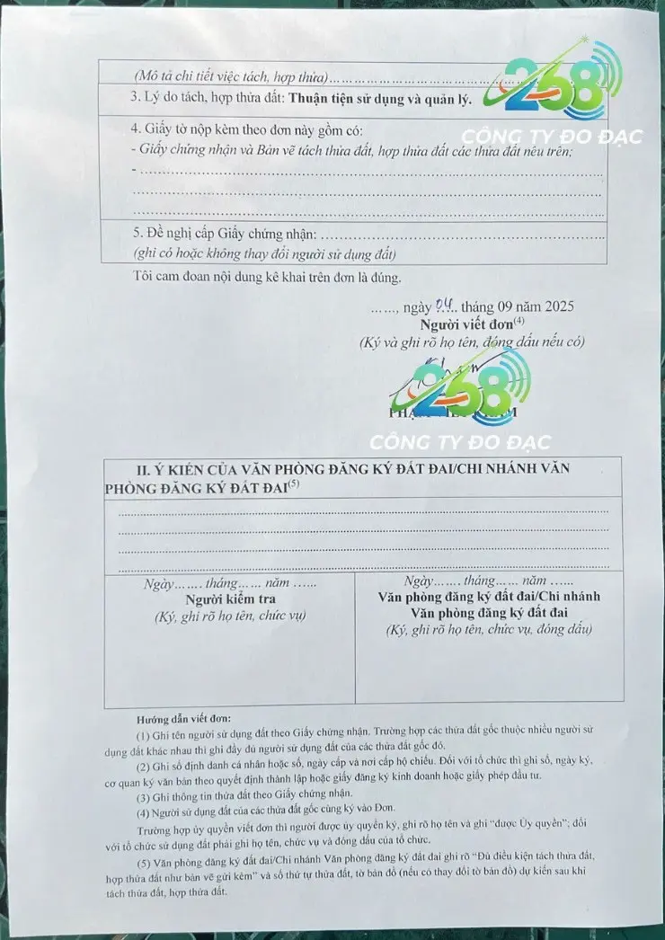 Phần sau giấy tờ tách thửa